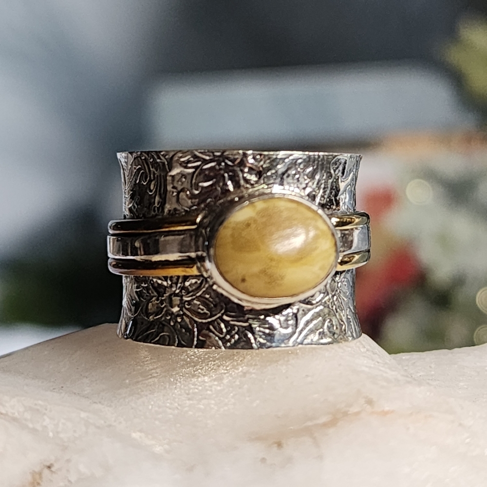 Amber Ring Solid Sterling 925 Silver 14K Gold Natural Amber Jewelry Design